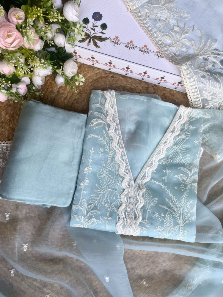 Image of Flora Vine Firozi Embroidered Dress Material Set