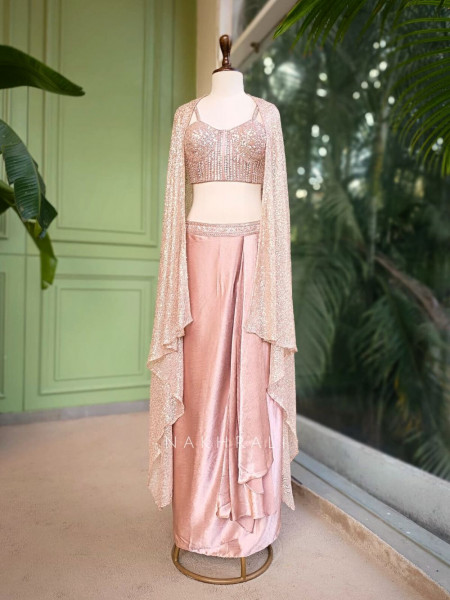 Roséveil Pink Corset Skirt Set with Sequin Work and Cape Shrug