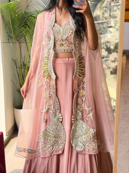 Avelyn Pink Indo-Western Lehenga Set with Embroidered Cape
