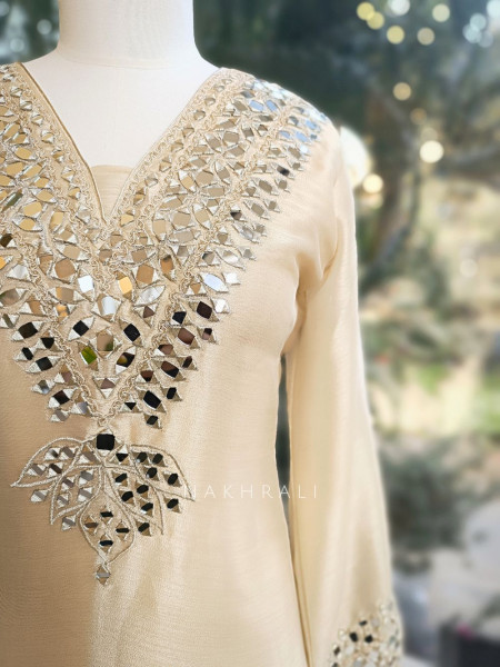 Aks Cream Tissue Suit Set with Mirror Zari Work