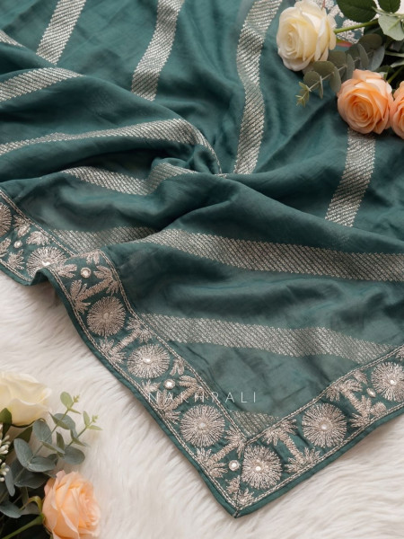 Mirevella Beige Floral Embroidered Dress Material with Contrast Dupatta