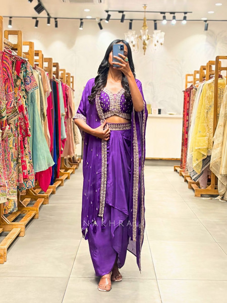 Ruvica Purple Indo Western Draped Set with Embroidery Work