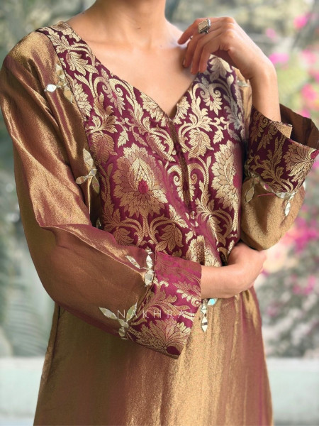 Zeenat Maroon Embroidered Side-Slit Dress with Matching Potli