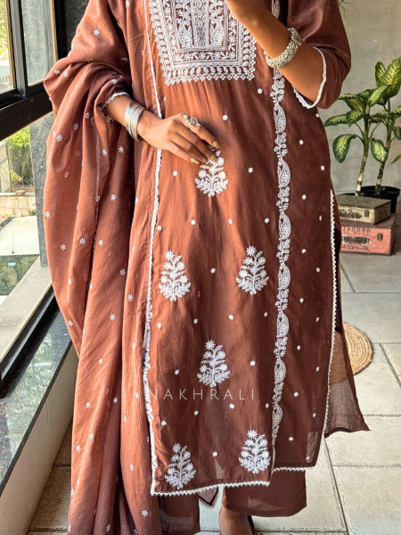 Saesha Brown Chikankari Kurta Set with Dupatta