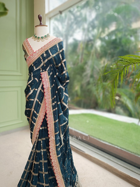 Koshira Teal Blue Pure Dola Silk Saree WIth Gotta Patti, Resham & Scalloped Zari Border