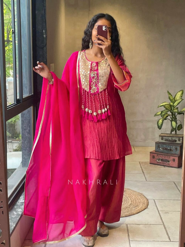 Image of Zivika Magenta Suit Set with Embroidered Kurta and Dupatta