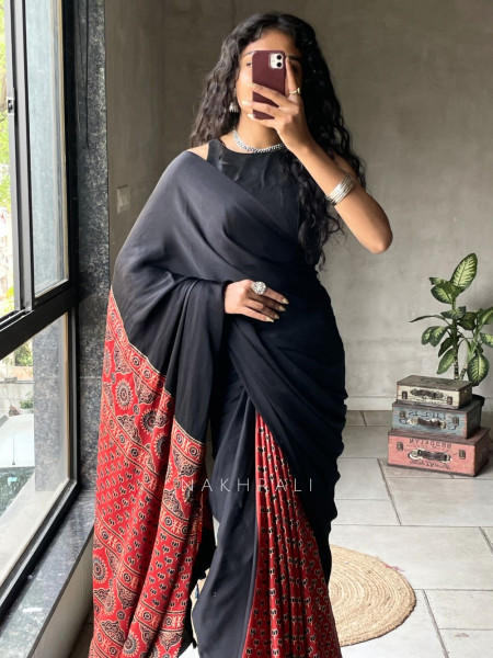 Kairav Red Black Modal Block Print  Saree