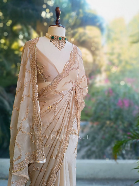 Warm Allure Beige Tissue Saree with Sequin and Cut Dana Work