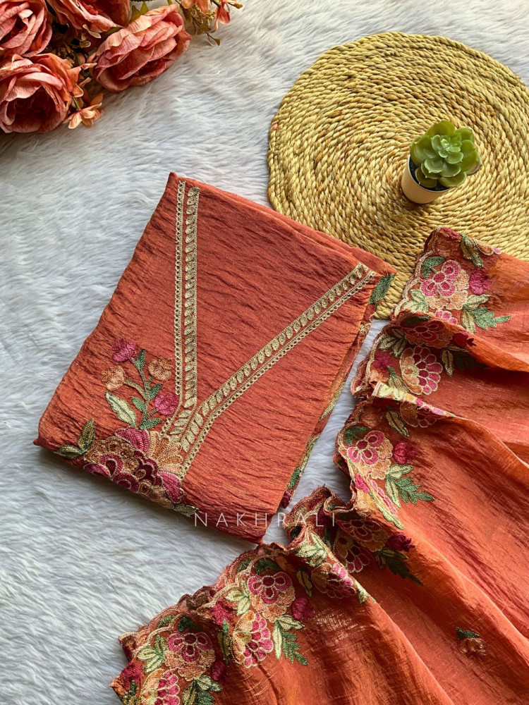 Image of Florévia Peach Embroidered Dress Material Set