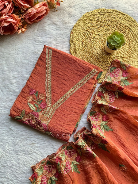 Florévia Peach Embroidered Dress Material Set