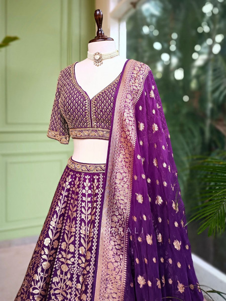 Vedhika Glint Purple Brocade Lehenga with Zari and Sequin Work