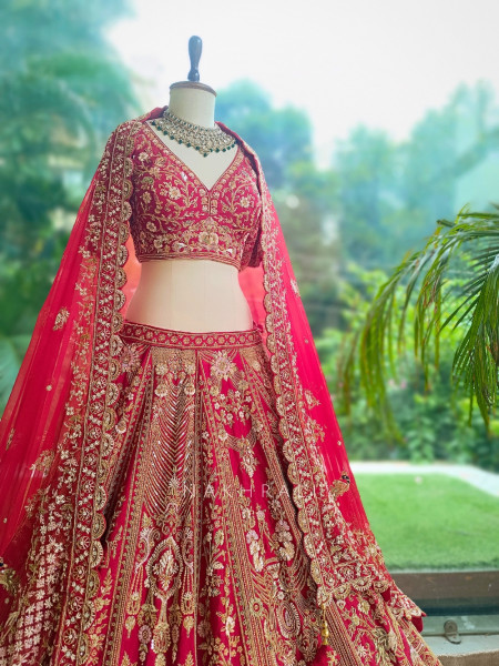 Vermillion Red Silk Velvet Bridal Lehenga With Zardozi, Dabka & Doli Motif Work