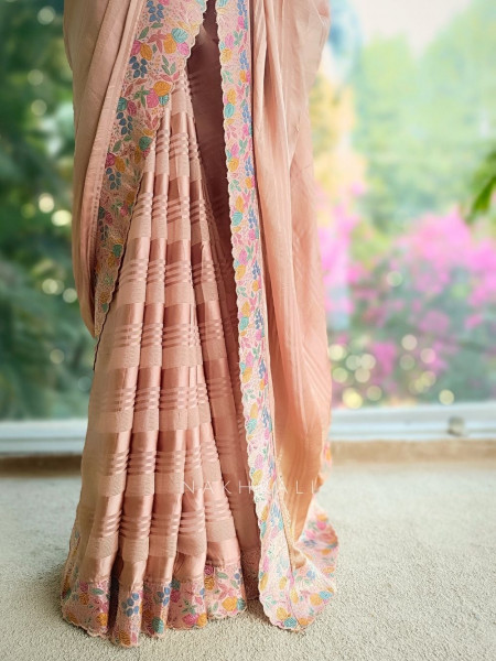 Saraya Caramel Pink Woven Border Saree with Patterned Blouse
