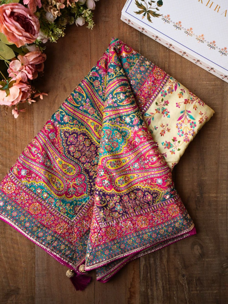 Image of Fiora Cream Floral Woven Saree Set