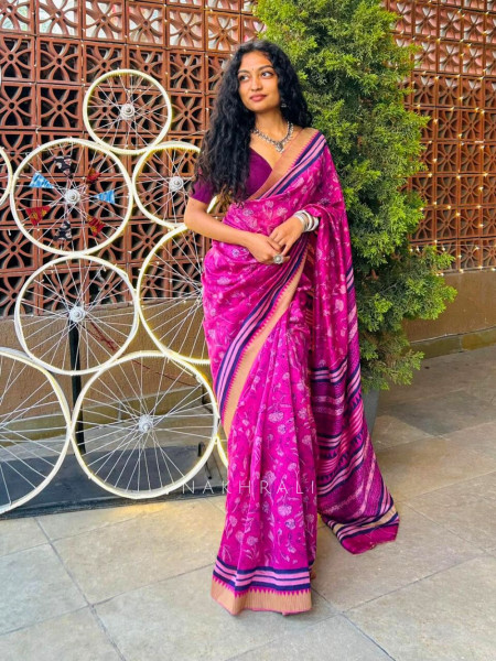 Virel Wine Floral Block Print Saree