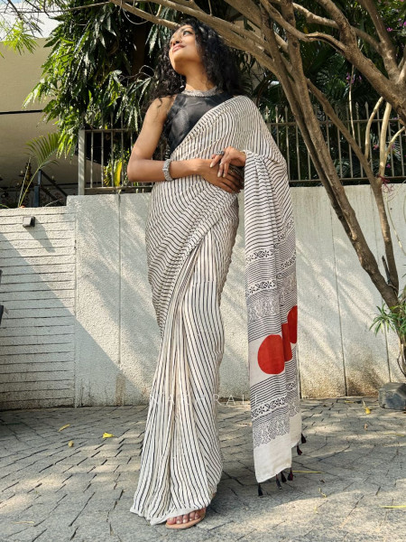 Divya Cream Modal Stripe Printed Saree Collection
