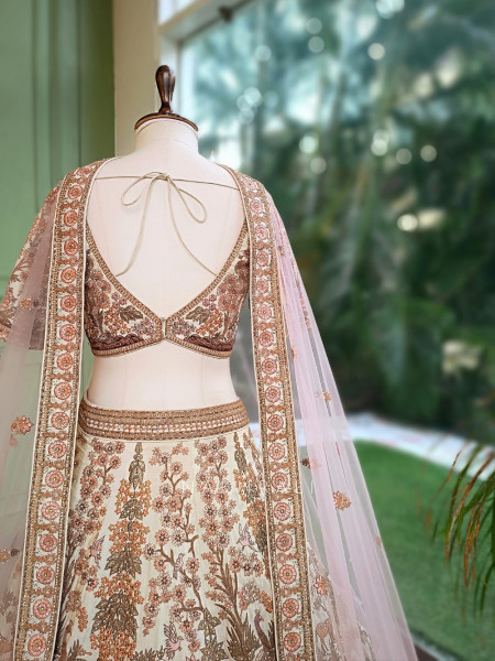 Darbar Antique Cream Dupion Silk Bridal Lehenga