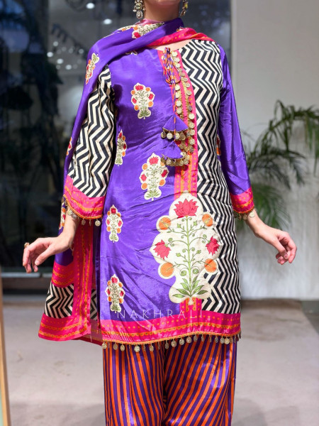 Zeenat-e-Ziba Purple Modal Satin Silk Suit Set With Mughal Floral, Chevron & Coin Detail