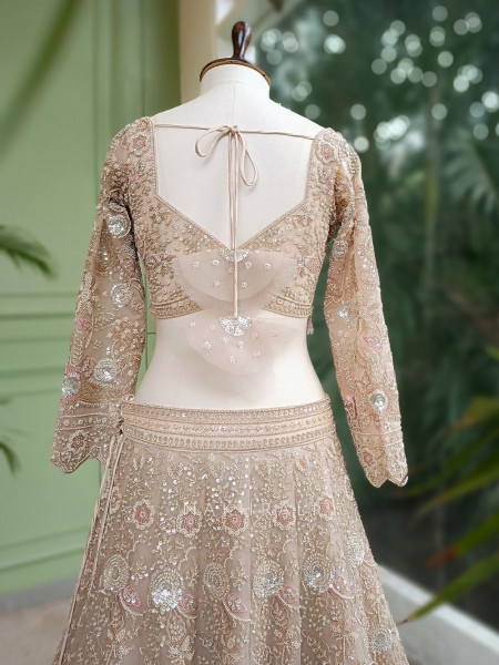 Noor-E-Jahan Beige Bridal Lehenga with Pearl and Beads Work