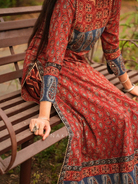 Feroz Maroon Cotton Flared Kurta Pant Set