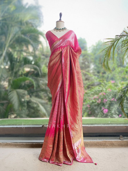 Tarkash Loom Magenta Banarasi Chiniya Silk Saree with Ombre Zari Weaving & Temple Border