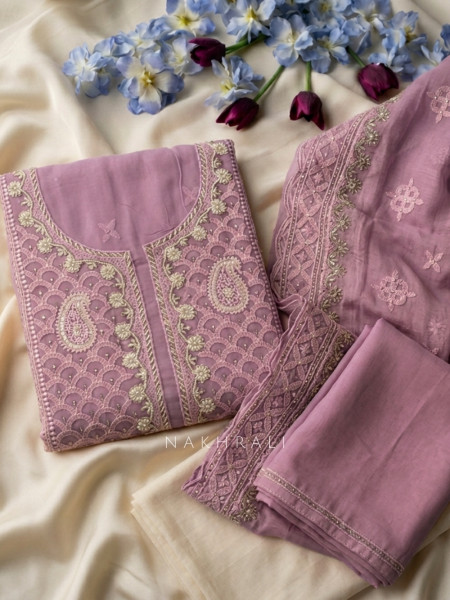 Mridula Purple Dress Material With Embroidered Neckline and Border Detail