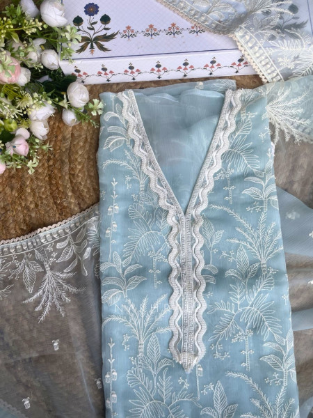 Flora Vine Firozi Embroidered Dress Material Set