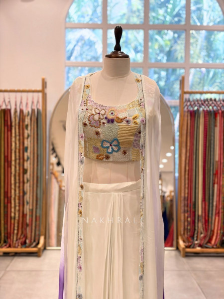 Seraphina White Purple Crop Top Skirt Set with Cape Dupatta
