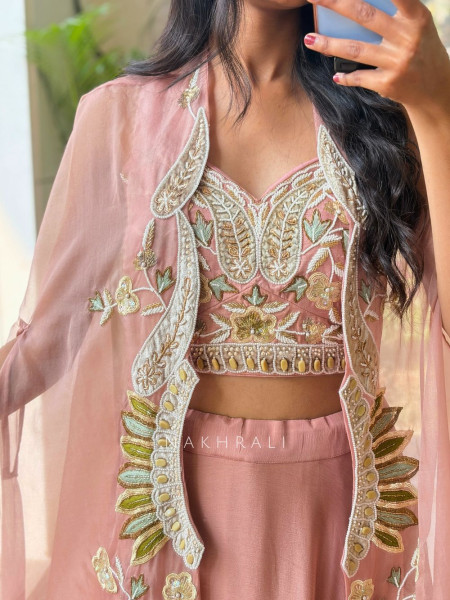 Avelyn Pink Indo-Western Lehenga Set with Embroidered Cape