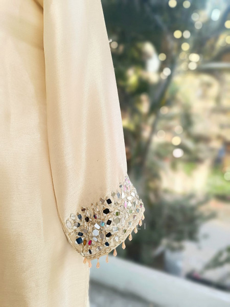 Aks Cream Tissue Suit Set with Mirror Zari Work