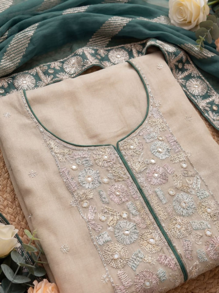 Mirevella Beige Floral Embroidered Dress Material with Contrast Dupatta