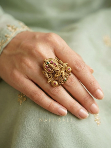 Tanvisha Golden Temple Statement Ring with Stone Work