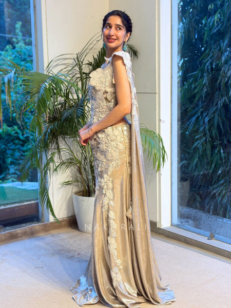 Shaina Beige Crushed Metallic Tissue Silk Indo-Western Lehenga