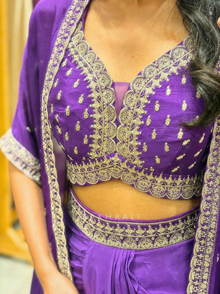 Ruvica Purple Indo Western Draped Set with Embroidery Work
