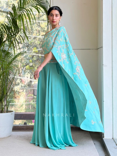 Aeloria Sky Blue One-Shoulder Cape Indo-Western Set