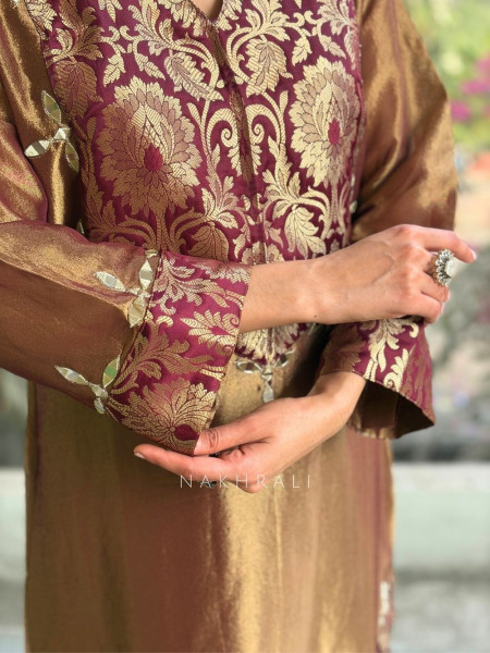 Zeenat Maroon Embroidered Side-Slit Dress with Matching Potli