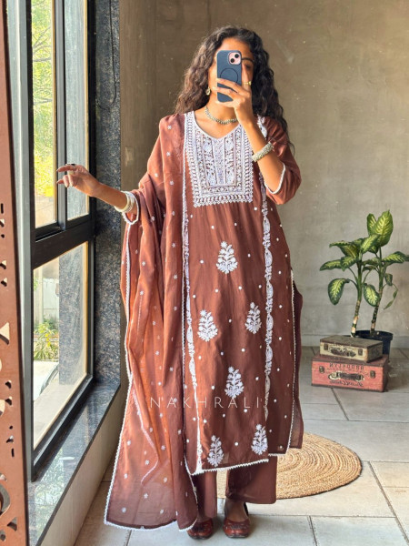 Saesha Brown Chikankari Kurta Set with Dupatta