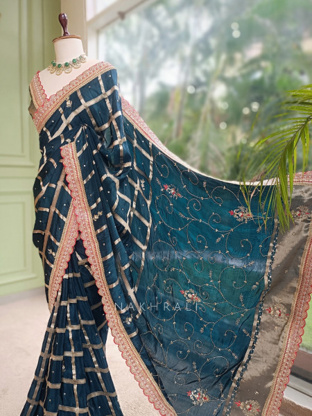 Koshira Teal Blue Pure Dola Silk Saree WIth Gotta Patti, Resham & Scalloped Zari Border