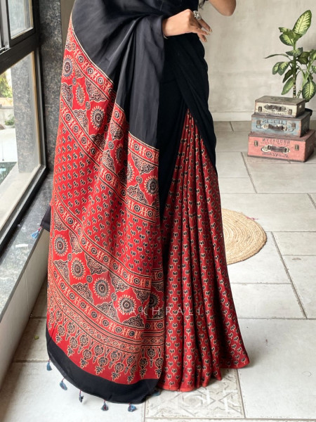 Kairav Red Black Modal Block Print  Saree