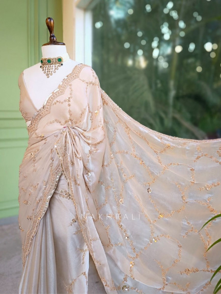 Warm Allure Beige Tissue Saree with Sequin and Cut Dana Work