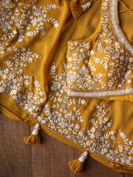 Velmira Mustard Embroidered Saree with Heavy Thread Work and Readymade Blouse