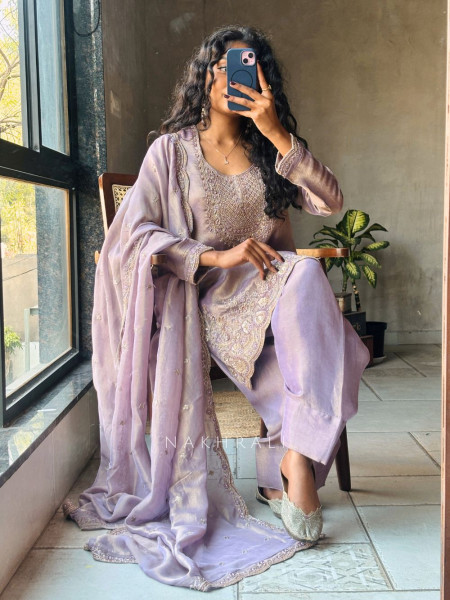 Ahana Purple Suit Set with Cut Dana and Zari Work