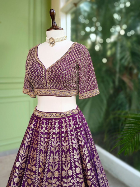 Vedhika Glint Purple Brocade Lehenga with Zari and Sequin Work