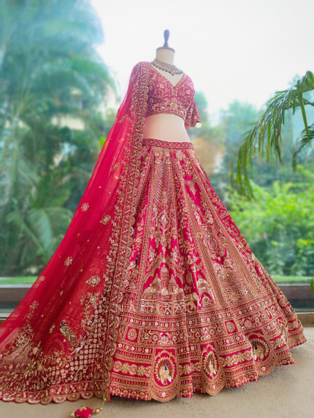 Vermillion Red Silk Velvet Bridal Lehenga With Zardozi, Dabka & Doli Motif Work