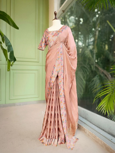 Saraya Caramel Pink Woven Border Saree with Patterned Blouse