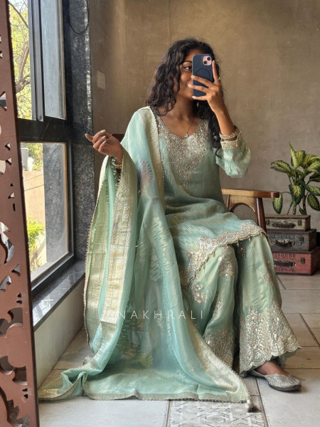 Zohra Green Sequin Embroidered Suit Set with Tassel Detail