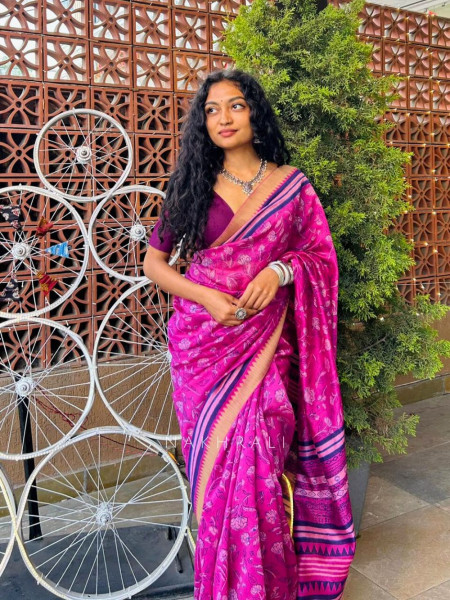 Virel Wine Floral Block Print Saree