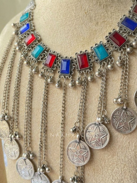 Bellamy Multicolor Oxidised Coin Necklace Set with Earrings