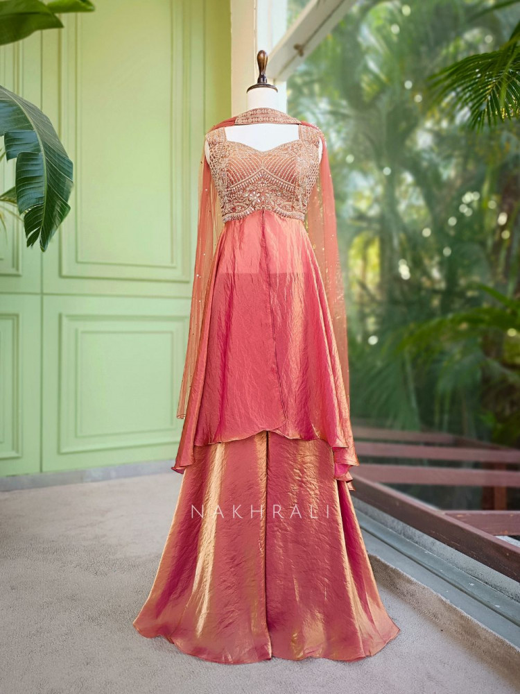 Image of Mirel Pink Indo Western Palazzo Set with Embroidery and Stone Work