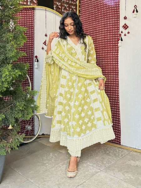 Evara Green Lucknowi Anarkali Kurta Suit Set